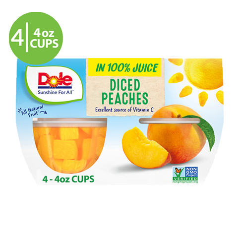 Dole Fruit Yellow Cling Diced Peaches 100% Fruit Juice, 4 Oz, 4 Count