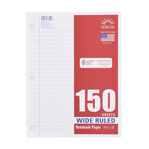 Notebook Paper, Wide Ruled, 150 pgs, 8 x 10.5", 150 sheets