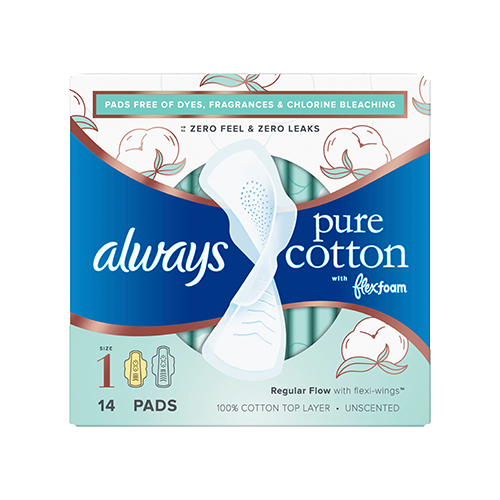 Always Pure Cotton with FlexFoam Pads Regular Absorb, Size 1, 14