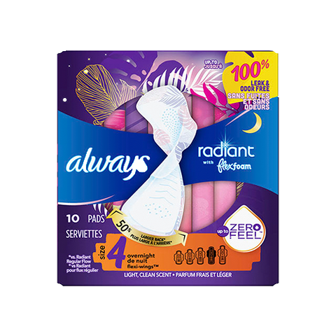 Always Radiant Overnight Pads, Winged, Scented, Size 4, 10 ct.