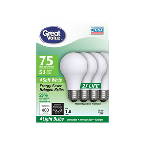 Great Value Halogen, 75w General Purpose A19 Double Life Light Bulbs, 4pk.