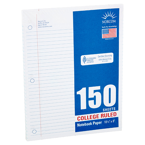 Notebook Paper, College Ruled, 150 pgs, 8 x 10.5", 150 sheets